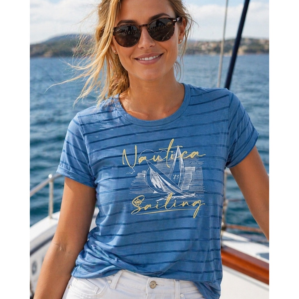 Nautica Graphic Tee Shirt Women‎ XL Blue Striped Sailing Cotton Raised Lettering